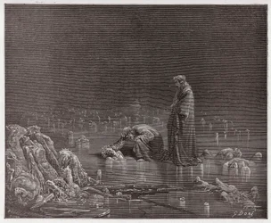 Jumalallinen komedia (La Divina Commedia, La Divine Comedie), Inferno, Canto 32: Dante puhuu petturi Bocca degli Abatia - kirjoittanut Dante Alighieri (1265-1321) - Kuvitus Gustave Doresta (1832-1883)