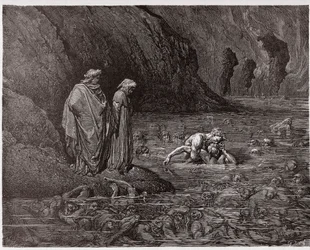 Jumalainen näytelmä (La Divina Commedia, La Divine Comédie), Helvetti, 32. laulu: Ugolino kaluaa arkkipiispa Ruggierin päätä - Dante Alighierin (1265-1321) teoksesta - kuvitus Gustave Doré (1832-1883)