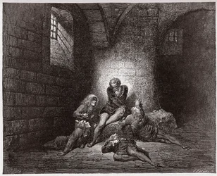 Jumalallinen komedia (La Divina Commedia, La Divine Comedie), Inferno, Canto 33: Ugolino ja hänen poikansa turvotuina ja nälkään - Dante Alighieri (1265-1321) - Kuvitus Gustave Dore (1832-1883)