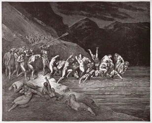 Jumalainen näytelmä (La Divina Commedia, La Divine Comédie), Helvetti, 3. laulu: Tuomitut sielut nousevat veneeseen ylittääkseen Akheronin - Dante Alighieri (1265-1321) - Gustave Dorén kuvitus (1832-1883)