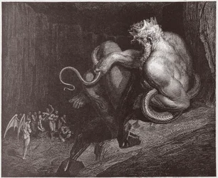 Jumalallinen komedia (La Divina Commedia, La Divine Comedie), Inferno, Canto 5: Minos tuomitsee rikkomukset ja lähettää sielut - Dante Alighieri (1265-1321) - Kuvitus Gustave Dore (1832-1883)