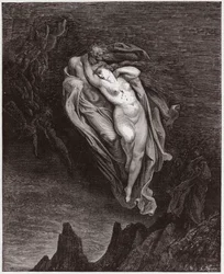 Jumalainen näytelmä (La Divina Commedia, La Divine Comédie), Helvetti, 5. laulu: Paolon ja Francescan sielut - Dante Alighieri (1265-1321) - kuvitus Gustave Doré (1832-1883)