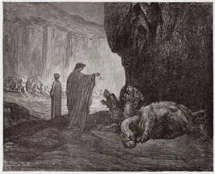Jumalainen näytelmä (La Divina Commedia, La Divine Comédie), Helvetti, 6. laulu: Vergilius ruokkii Kerberosta kolmannessa piirissä - Dante Alighieri (1265-1321) - kuvitus Gustave Doré (1832-1883)