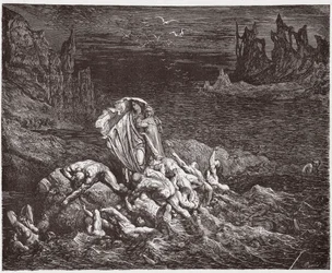 Jumalainen näytelmä, Helvetti, 7. laulu: Vergilius näyttää Dantelle vihaisten sielut Styksissä - Dante Alighierin (1265-1321) teoksesta - Gustave Dorén (1832-1883) kuvitus