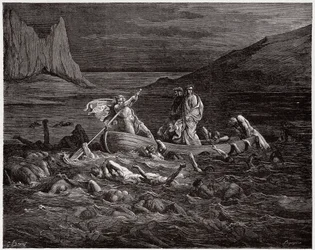 Jumalainen näytelmä (La Divina Commedia, La Divine Comédie), Helvetti, 8. laulu: Flegyas kuljettaa Danten ja Vergiliuksen Styksin yli - Dante Alighieri (1265-1321) - Gustave Dorén (1832-1883) kuvitus