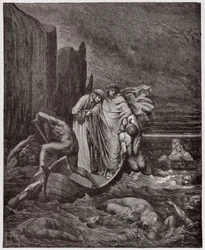 Jumalallinen komedia (La Divina Commedia, La Divine Comedie), Inferno, Canto 8: Firenzeläisen Philippo Argentin sielu puhuu runoilijoita Styxillä - Dante Alighieri (1265-1321) - Gustave Doren (1832-1883) kuvitus