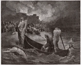 Jumalainen näytelmä, Helvetti, 8. laulu: Vergilius ja Dante nousevat maihin Disin linnoituksessa - Dante Alighieri (1265-1321) - Gustave Dorén (1832-1883) kuvitus