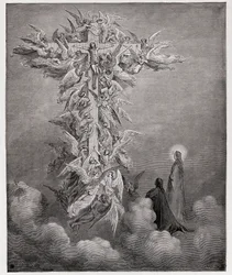 Jumalainen näytelmä (La Divina Commedia), Paratiisi, 14. laulu: Dante ja Beatrice näkevät enkelit ja Kristuksen ristillä - Dante Alighieri (1265-1321) - Gustave Dorén (1832-1883) kuvitus