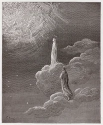 Jumalainen näytelmä (La Divina Commedia, La Divine Comédie), Paratiisi, laulu 14: Dante ja Beatrice siirretään Marsin piiriin - Dante Alighierin (1265-1321) teos - Gustave Dorén (1832-1883) kuvitus