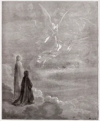Jumalainen näytelmä, Paratiisi, 18. laulu: Dante ja Beatrice siirretään Jupiterin kehälle - Dante Alighierin (1265-1321) teoksesta - kuvitus Gustave Doré (1832-1883)