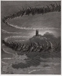Jumalallinen komedia (La Divina Commedia, La Divine Comedie), Paradiso, Canto 18: Jupiterin alueella siunatut sielut kiertävät muodostaen kirjeitä - Dante Alighieri (1265-1321) - Kuvitus Gustave Doresta (1832-1883)
