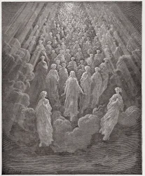 Jumalallinen komedia (La Divina Commedia, La Divine Comedie), Paradiso, Canto 5: Lukemattomien hehkuvien sielujen joukko toisessa valtakunnassa - Dante Alighieri (1265-1321) - Gustave Doren (1832-1883) kuvitus