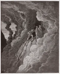 Jumalallinen komedia (La Divina Commedia, La Divine Comedie), Purgatorio, Canto 16: Marco Lombardo seuraa runoilijoita savun läpi - Dante Alighieri (1265-1321) - Gustave Doren (1832-1883) kuvitus