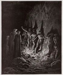 Jumalainen näytelmä (La Divina Commedia, La Divine Comédie), Kiirastuli, 25. laulu: Hekumalliset kulkevat tulen läpi seitsemännessä piirissä - Dante Alighieri (1265-1321) - Kuvitus Gustave Doré (1832-1883)
