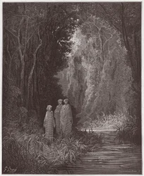 Jumalainen näytelmä, Kiirastuli, 28. laulu: Dante, Vergilius ja Statius maallisen paratiisin ikivanhassa metsässä - Dante Alighieri (1265-1321) - kuvitus Gustave Doré (1832-1883)