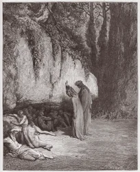 Jumalallinen komedia (La Divina Commedia, La Divine Comedie), Purgatorio, Canto 4: Laiskoja sieluja kallion vieressä - Dante Alighieri (1265-1321) - Kuvitus Gustave Dore (1832-1883)
