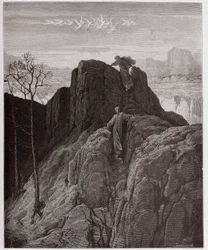 Jumalallinen komedia (La Divina Commedia, La Divine Comedie), Purgatorio, Canto 4: Vergilius johdattaa Danten ylös karua vuorenrinnettä - kirjoittanut Dante Alighieri (1265-1321) - kuvitus Gustave Dore (1832-1883)