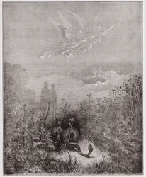 Jumalallinen komedia (La Divina Commedia, La Divine Comedie), Purgatorio, Canto 8: Enkelit ajavat käärmeen pois - Dante Alighieri (1265-1321) - Kuvitus Gustave Dore (1832-1883)