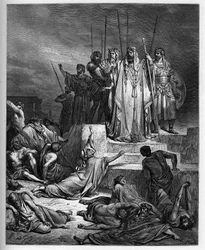 Nälänhätä Samariassa - Vanha testamentti: Samarian piiritys. Syyrian kuningas piiritti Samarian kaupungin ja aiheutti sen hirvittäväksi nälänhädän - - kaiverrus Gustave Doren (1832-1883) "The Bible illustree" -kaiverrukseen "" Dore Biblesta""