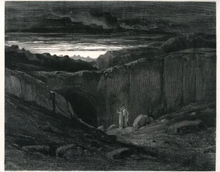 Dante Alighierin Helvetti Jumalaisesta näytelmästä, Gustave Dorén kuvittamana. Vuoden 1861 ranskankielinen painos. Dante ja Vergilius helvetin sisäänkäynnillä: ”Ken tästä käy, saa kaiken toivon heittää”, laulu 3, säe 9.