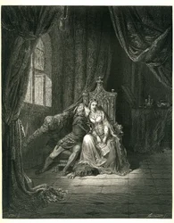 Gustave Doren kuvittama Dante Alighierin helvetti (Divine Comedie). Ranskalainen painos vuodelta 1861. Francesca da Rimini ja hänen rakastajansa: "Quel giorno piu non vi leggemo avante. (Tänä päivänä emme lue pidemmälle)", laulu 5. v. 138.