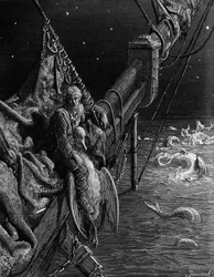 Merimies katselee käärmeitä valtameressä, kohtaus S. T. Coleridgen teoksesta "The Rime of the Ancient Mariner", julkaissut Harper and Brothers, New York, 1876