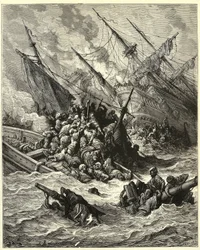 "Lepanton meritaistelu" Se perusti Espanjan ja Venetsian liiton ja paavin joukot ottomaaneja vastaan vuonna 1571 Kreikan edustalla. Gustave Doren (1832-1883) kaiverrus Joseph Francois Michaud
