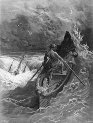 Pilotti pyörtyy, kohtaus S.T.:n elokuvasta The Rime of the Ancient Mariner Coleridge, julkaisija Harper und Brothers, New York, 1876 (puukaiverrus)
