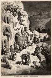 Mustalaisten luolat (maanalaiset talot) Sacro Montessa, Granadassa. Gustave Doren (1832-1883) piirros havainnollistaa hänen matkaansa Espanjaan vuonna 1862, mukana Ch.Davillier. Kaiverrus kirjassa "" Le tour du monde", toimittanut Edouard Charton