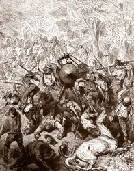 Taistelu Gustave Doren (1832-1883) Yanguas-kaiverruksen muleteerejä vastaan Miguel de Cervantesin (1547-1616) "The Ingenieux Hidalgo Don Quixotte de la Manche (Quixotte - Quijote)" 1863 Yksityinen kokoelma