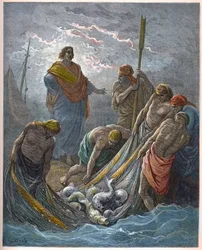 Ihmeellinen kalojen luonnos - Miraculous Fishing - - Kaiverrus Gustave Doren (1832-1883) "The Bible illustree" -kirjaan - Kaiverrus "" Dore Biblesta""