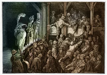 Teatteri: yleisö teatteriesityksen aikana. Värikäs kaiverrus teoksesta "" Lontoo, pyhiinvaellusmatka "", jonka on kuvittanut Gustave Dore (1832-1883).