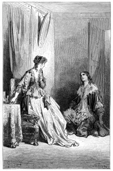 Vallombreuse polvistuu rakastamansa Isabellen eteen. Gustave Doren kaiverrus, joka kuvittaa Theophile Gautier