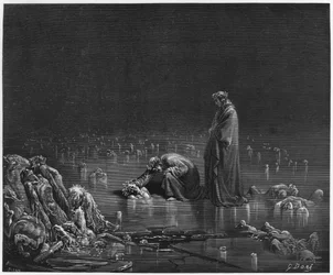 Vergilius (70-19 eaa.) ja Dante, kuvitus Dante Alighierin (1265-1321) teoksesta "Jumalainen näytelmä" (Helvetti), Pariisi, julkaistu 1885