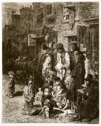 Wentworth Street - Whitechapel, "London, a Pilgrimage", kirjoittanut William Blanchard Jerrold (1826-84) ja kaivertanut A. Bertrand, pubi. 1872 (kaiverrus)