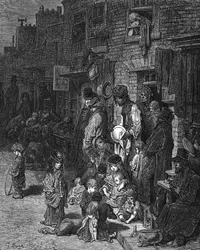 "Wentworth Street, Whitechapel", kaupungin köyhä juutalaiskortteli: Gustave Doresta ja Blanchard Jerroldista: Drold-Jerroard: A Pilgrimage London 1872. Puukaiverrus