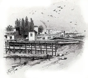 Vesibussien (työmatkaveneiden) korjaustyöpajat Seine-joella Pariisissa Gustave Fraipontin (1849-1923) piirustus Saint Judgesin teoksesta "La seine a travers Paris"