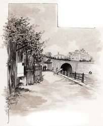 Tullitoimipaikka quai de Valmylla, Canal Saint-Martin, Pariisi Gustave Fraipontin (1849-1923) piirros on Saint-Juirsin "La seine a travers Paris"