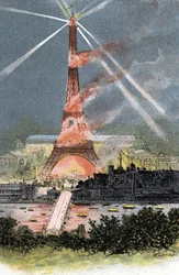 Valaistu Eiffel-torni Pariisin maailmannäyttelyn aikana 1889, Gustave Fraipontin (1849-1923) piirros Saint-Juirsin teoksesta "La Seine à travers Paris"