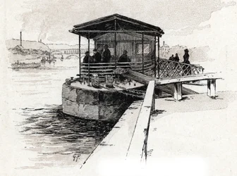 Embarcadere des Bateaux-mouches (Bateaux-mouches) sur la Seine, Pariisi (Näkymä Seine-joen turistivenelaiturille, Pariisi) Gustave Fraipontin (1849-1923) piirros on peräisin Saint-Juirsin teoksesta La seine a travers Paris ”