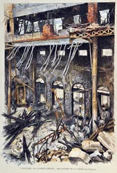 Opera Comiquen (Opera-Comique) tulipalo Pariisissa 25. toukokuuta 1887 Ambroise Thomasin Mignonin ensimmäisen näytöksen esityksen aikana. Sisäiset rauniot. Kuvitus Gustave Fraipont (1849 -1923) Kaiverrus vuodelta 1887 "" Paris-Illustrous Journal Weeklyssä"