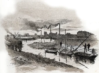 Ivry sur Seine, puujunat (koskenlaskua Seine-joella, Ivry-sur-Seine) Gustave Fraipontin (1849-1923) piirustus Saint-Juirsin teoksesta "La seine a travers Paris"