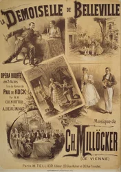 La Demoiselle de Belleville -juliste, koominen ooppera, libretto Charles Nuitter ja Alexandre Beaumont, musiikki Karl Millocker, piirustus Gustave Fraipont, Tellier-kustannus, Pariisi
