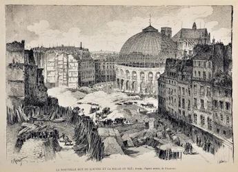 Uusi Rue du Louvre ja Halle au Ble Pariisissa vuonna 1887. Gustave Fraipontin (1849 - 1923) kuvitus. Kaiverrus vuodelta 1887 "" Paris-Illustrous Journal -viikkolehdessä"".