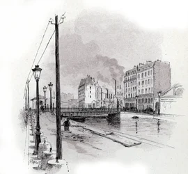 Näkymä quai de Valmyn heiluvasta sillasta Saint Martinin kanavalla, Pariisi Gustave Fraipontin (1849-1923) piirustus Saint-Jursista