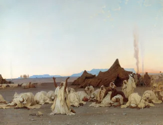 Iltarukous Saharan autiomaassa. Yksityiskohta tuaregien leiristä. 1863. Mitat: 1,3 x 2,8 m. Pariisi, Musée d