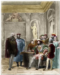 Leonard de Vinci Ranskan kuningas Francois 1:n hovissa (Leonardo da Vinci alla corte del re di Francia Francesco primo). Gustave Greuxin 1800-luvun kaiverrus. Yksityinen kokoelma.
