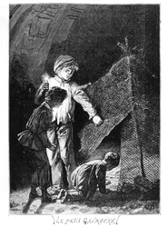 Gavroche ja hänen kaksi veljeään Bastiljin elefantissa, kuvitus Victor Hugon (1802-85) teoksesta "Kurjat" (1845-62), noin 1885