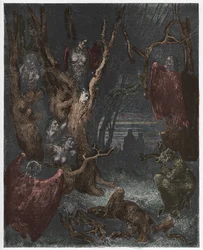 Helvetti, laulu 13: Harpyijat itsemurhan tehneiden metsässä, kuvitus Dante Alighierin "Jumalaisesta näytelmästä", 1885
