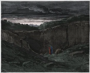 Helvetti, 3. laulu: Vergilius ja Dante helvetin porteilla, kuvitus Dante Alighierin Jumalaiseen näytelmään, 1885